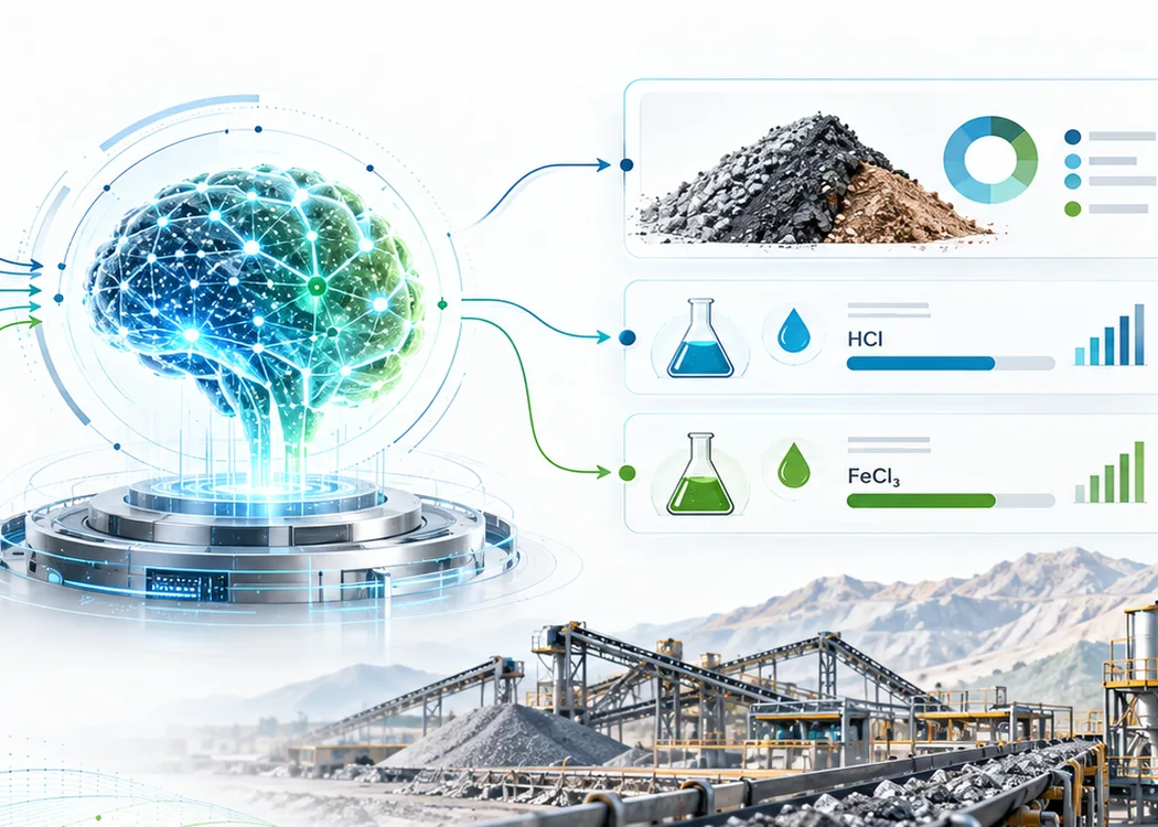 Cerebro digital conectado a paneles de minerales y reactivos, imagen conceptual de análisis con inteligencia artificial